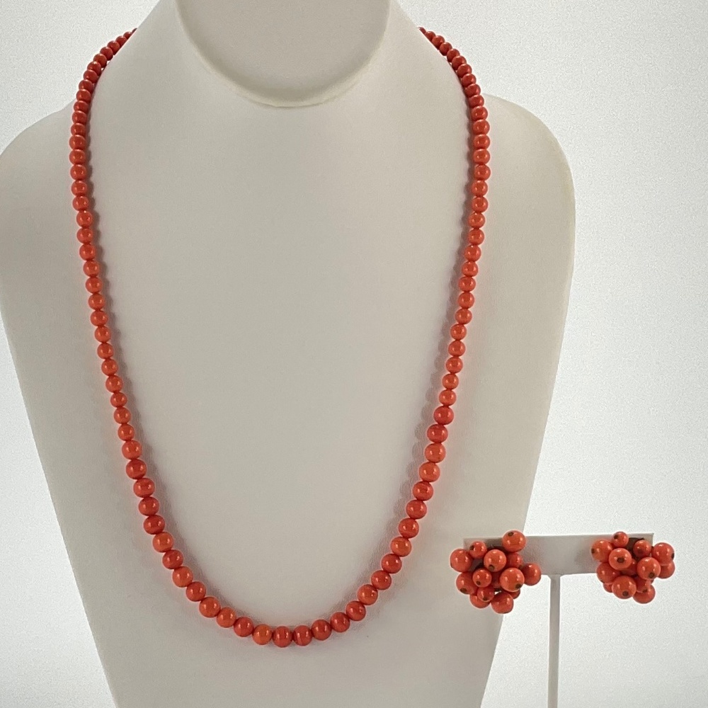 Vintage Orange Necklace and Earrings Set, Art Glass Beads, Japan, MCM